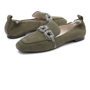 Sanctuary Khaki Loafers with Snakeskin Detail